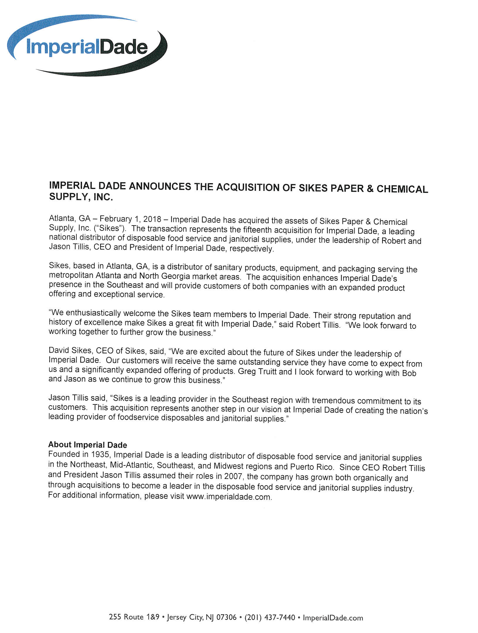 Imperial Dade Acquires Sikes Paper & Chemical